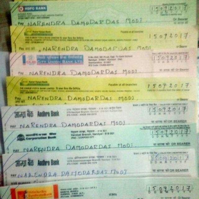Cheques of 68 paisa sent by Farmers of Andhra Pradesh to Indian Prime Minister Narendra Modi