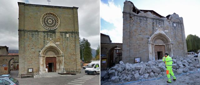 Antes y después de la iglesia de Amatrice dañada por el temblor.