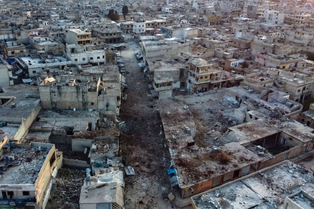 Aerial view of the town of Atareb in the Syrian province of Aleppo (18 February 2020)