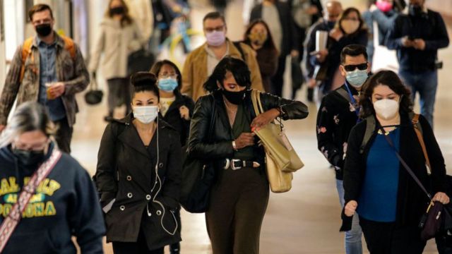 Commuters wearing facemasks in Los Angeles in November