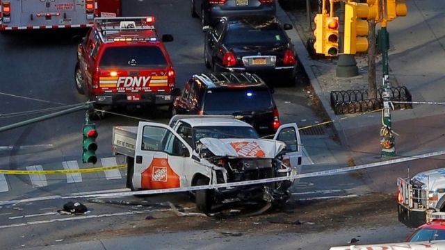 Truck at scene of fatal attack in New York City on 31 October 2017