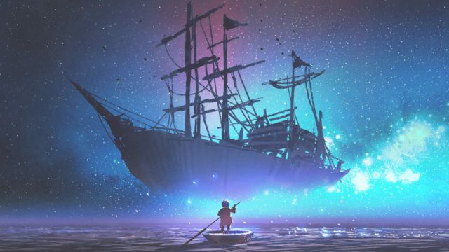 Ilustração mostra um barco e, próximo a ele, uma criança remando em um bote, com o céu repleto de estrelas