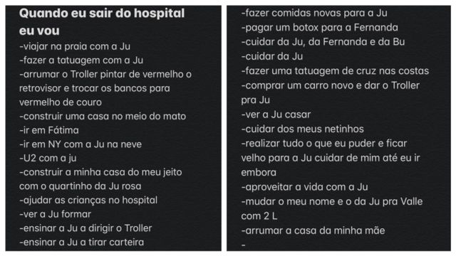 Lista que Ramon escreveu no celular e que foi encontrada pela filha Julia meses depois de sua morte