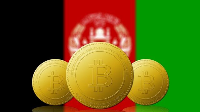 Graphic with Bitcoin symbols over an Afghan flag