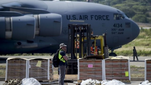 Food and medicine aid for Venezuela is unloaded from a US Air Force C-17 aircraft at Camilo Daza International Airport in Cucuta, Colombia in the border with Venezuela on February 16, 2019.