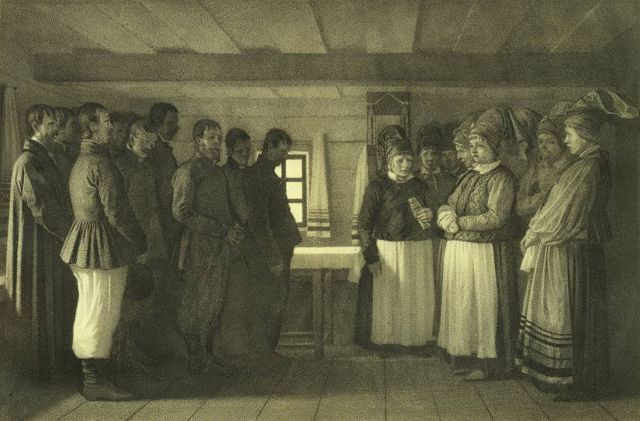 Secta religiosa perseguida en Rusia se estableció en Canadá con ayuda de Tolstoi "Dujobores orando", 1865. Artista: Vasili Vasilyevich Vereshchagin (1842-1904).