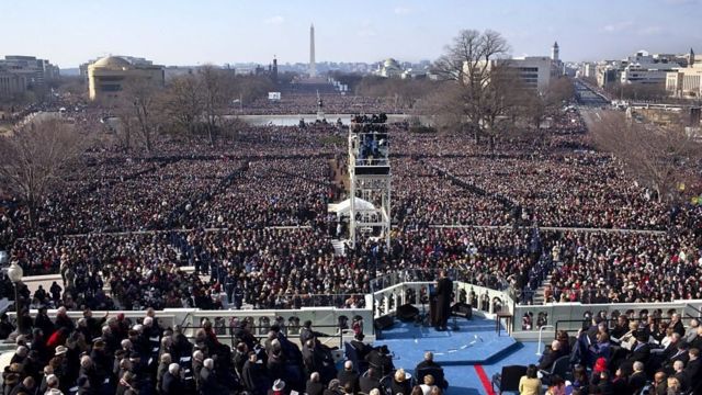 Obama delivers his inaugural address in January 2009