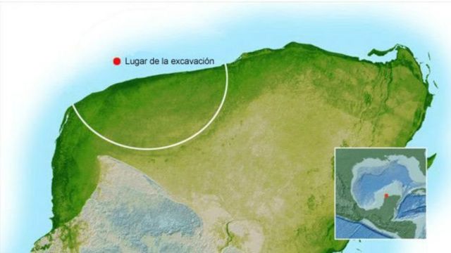 Mapa de la península de Yucatán y el sitio de excavación del cráter Chicxulub.