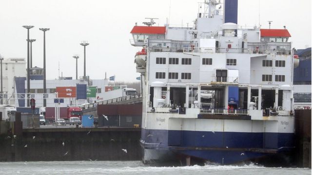 Lorries are loaded onto a P&O ferry in the port of Calais, France