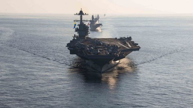 福特号航空母舰（USS Gerald R Ford）战斗群在地中海爱奥尼亚海上航行（美国海军发放照片4/10/2023）