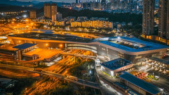 Drone aerial photography of Shenzhen Liantang Port - Hong Kong Heung Yuen Wai Border Control Point at night (Photo by Xinhua News Agency/Photo courtesy of Shenzhen Port Office 31/8/2021)