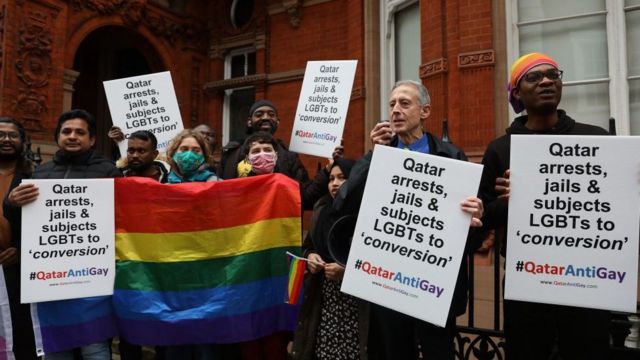 Protest outside the Qatar Embassy in London.