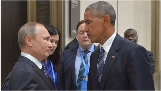 Prezida w'Uburusiya Vladimir Putin na mugenzi we wa Amerika Barack Obama