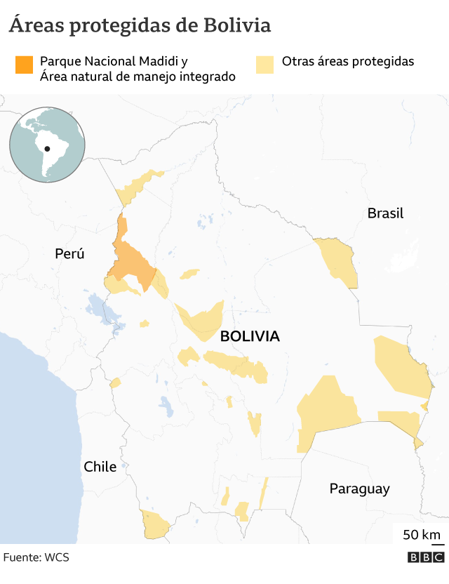 Mapa que muestra al Parque Nacional Madidi y otras áreas protegidas de Bolivia
