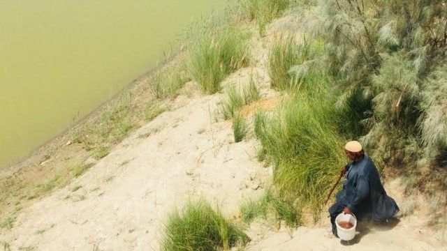 Malek carries food to feed gandos at a river in Iran's Baluchistan region