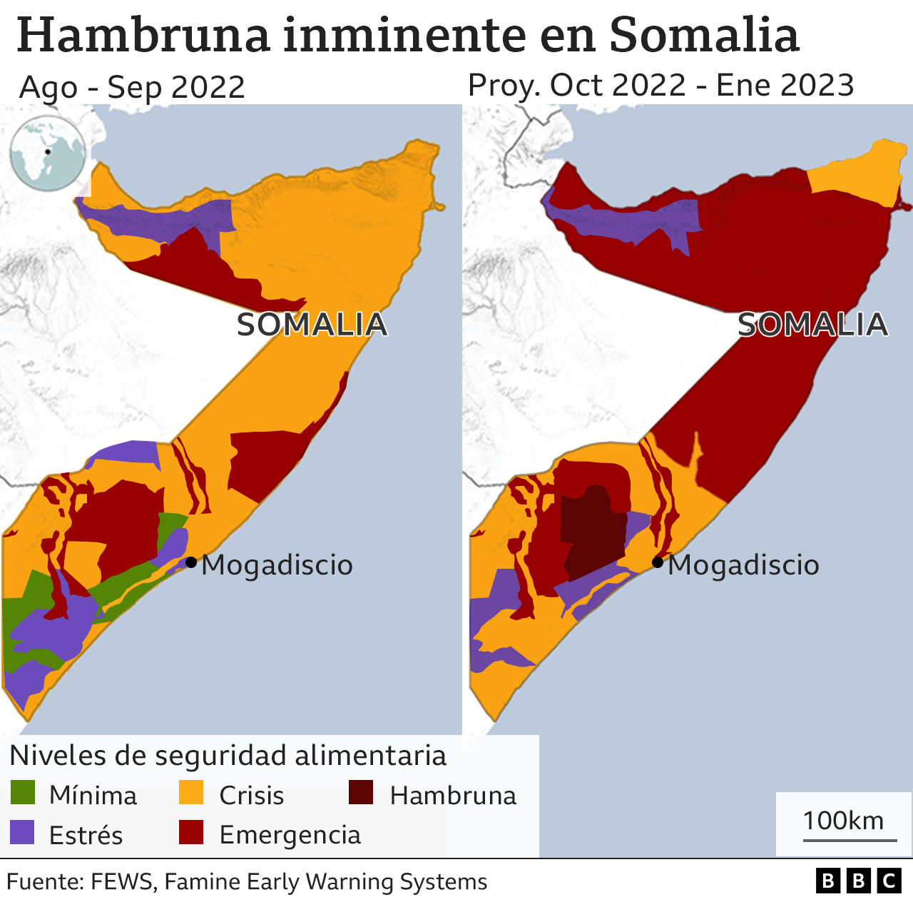Mapa de Somalia que muestra los sitios afectados por la hambruna
