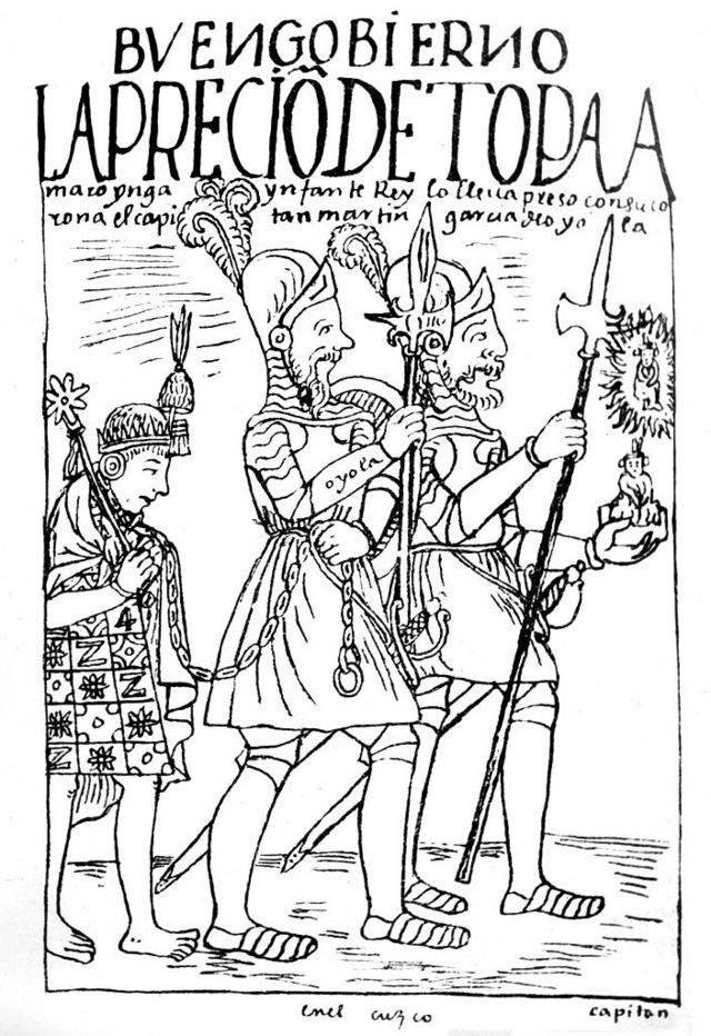 Dibujo de un inca encadenado siendo arrastrado por dos españoles