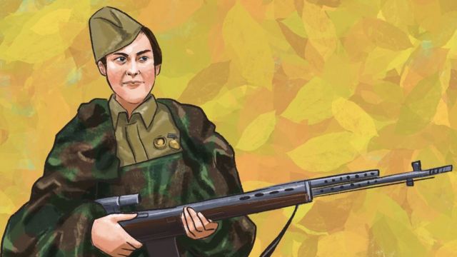 An illustration of Lyudmila Pavlichenko, a Soviet sniper