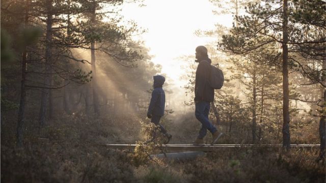 Padre e hijo caminan por un bosque en Finlandia