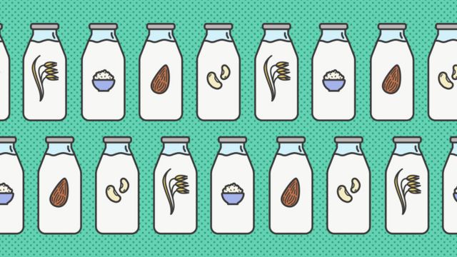 Ilustração de várias garrafas com símbolos de diferentes origens do leite, como arroz, aveia, amêndoas e etc
