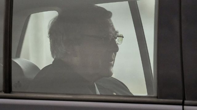 Cardinal George Pell in a car leaving Victoria's Barwon Jail after his child abuse convictions were overturned