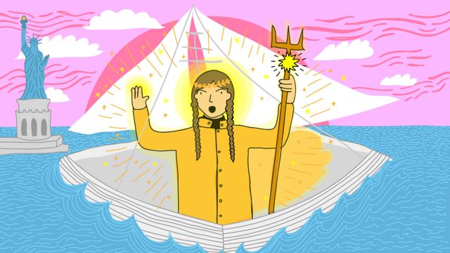 Ilustración de Greta Thunberg llegando a Nueva York en barco, como una diosa griega