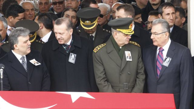 Dönemin Cumhurbaşkanı Abdullah Gül, dönemin Başbakanı Recep Tayyip Erdoğan, dönemin Genelkurmay Başkanı İlker Başbuğ ve Deniz Baykal, 28 Şubat 2010'da bir cenazede yan yana.