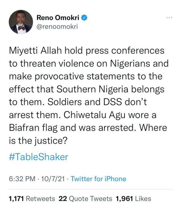 Reno Omokri, socio-political activist reacts to the arrest of Chiwetalu Agu