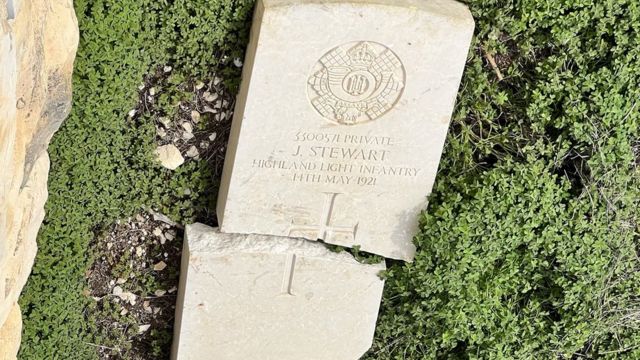 Desecrated grave of British soldier J Stewart in the Mount Zion Cemetery in Jerusalem.