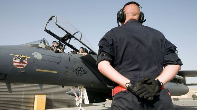 Un cazabombardero F-15 en Afganistán.