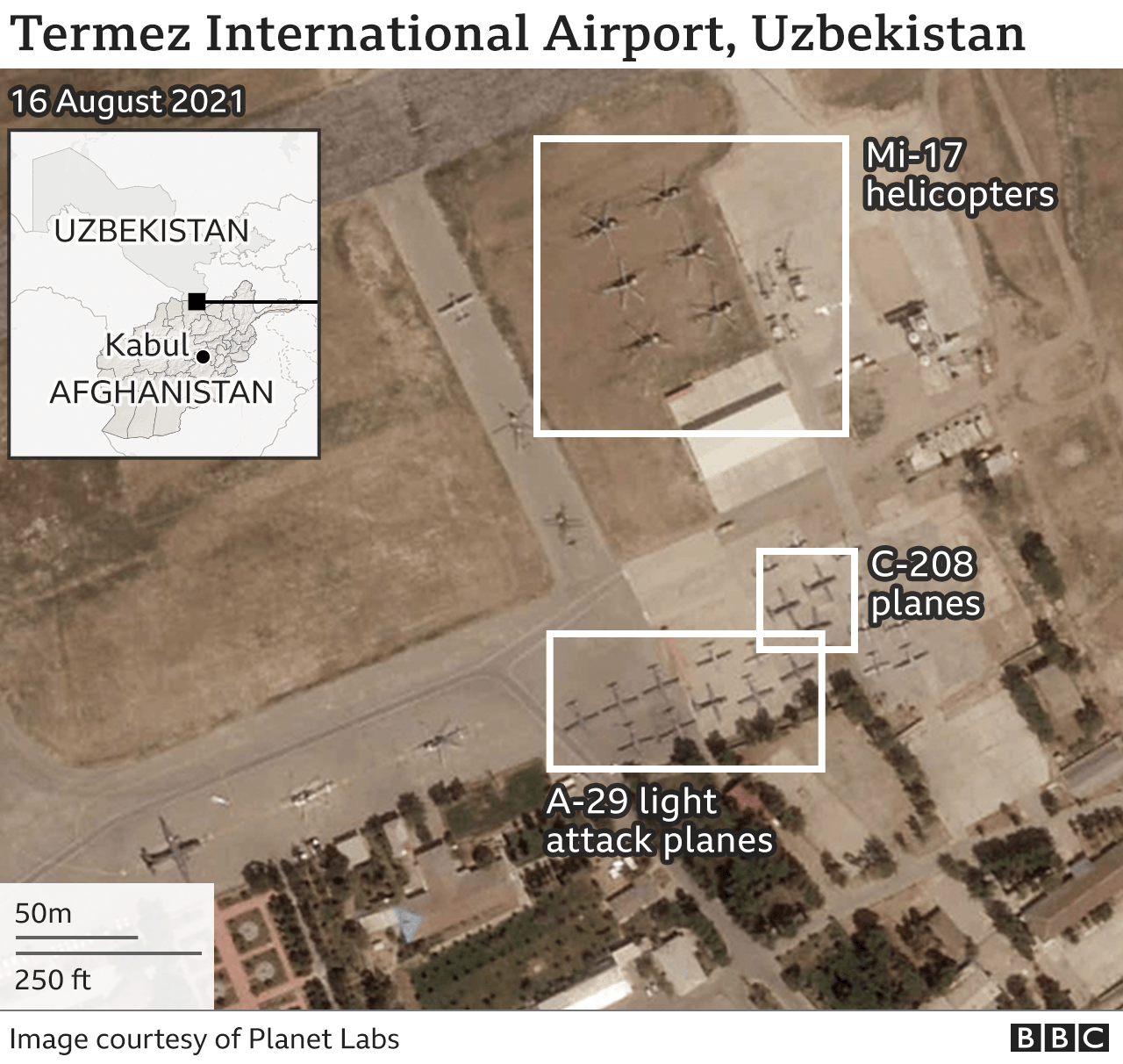Satellite image of Termez International Airport with military aircraft on the ground.