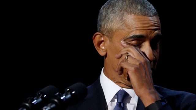 U.S. President Barack Obama wipes away tears as he delivers his farewell address in Chicago, Illinois, U.S. January 10, 2017