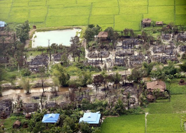 An aerial view showing the burnt-out village near Maungdaw township in Rakhine State, western Myanmar, 27 September 2017