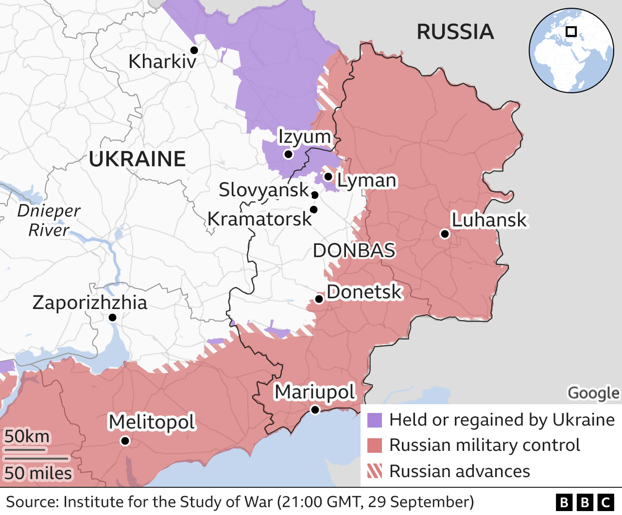BBC map shows areas of Russian control in eastern Ukraine - as well as Ukrainian advances, including around Lyman in the Donetsk region