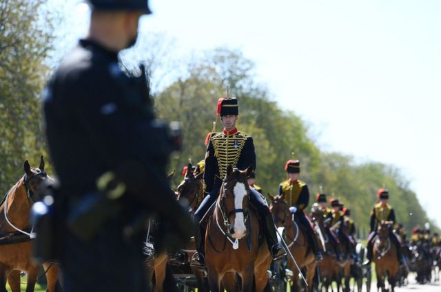 Members of The King's Troop Royal Horse Artillery arrive at Windsor Castle on the day of the funeral of Britain's Prince Philip, husband of Queen Elizabeth, who died at the age of 99, in Windsor, near London, Britain April 17, 2021