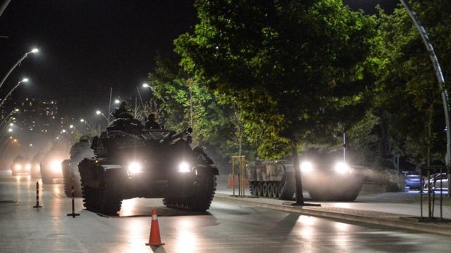 Turkish army tanks move in the main streets