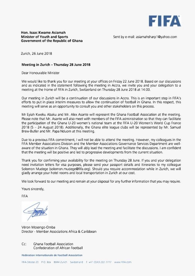 Letter of invitation wey FIFA send give Ghana minister of youth and sports.