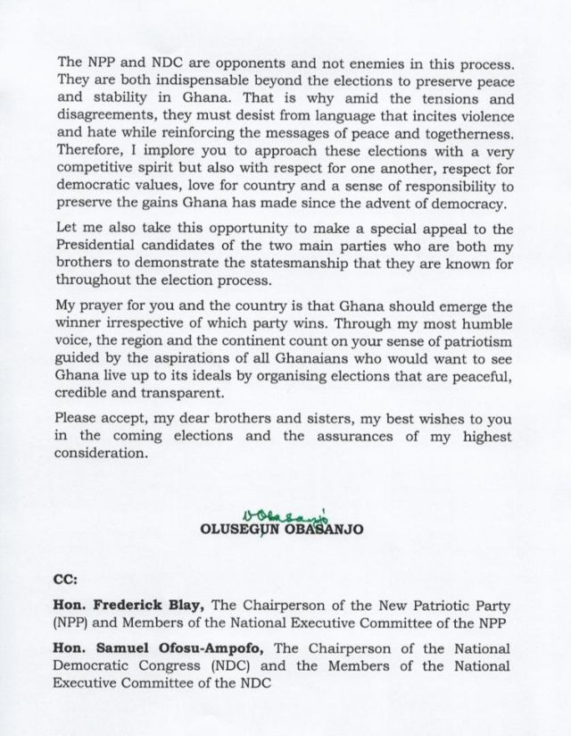 Ghana elections 2020: Olusegun Obasanjo open letter