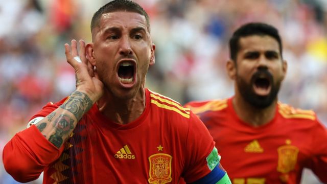 Spain defender Sergio Ramos celebrates his team scoring a goal against Russia at the 2018 World Cup