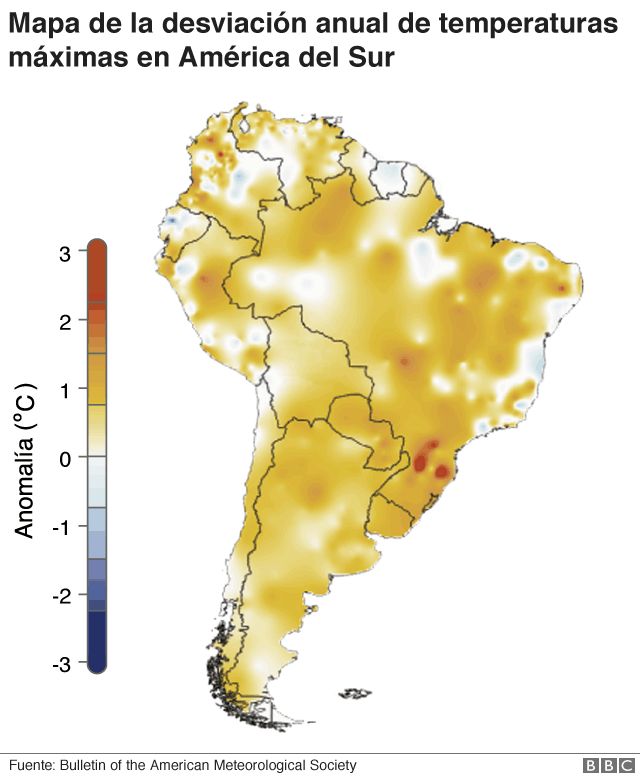 Mapa de desviación anual de temperaturas máximas en América del Sur