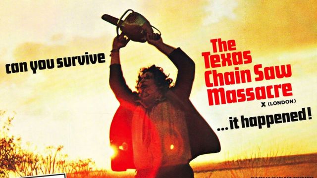 Poster del massacro di Texas Chainsaw con le parole 