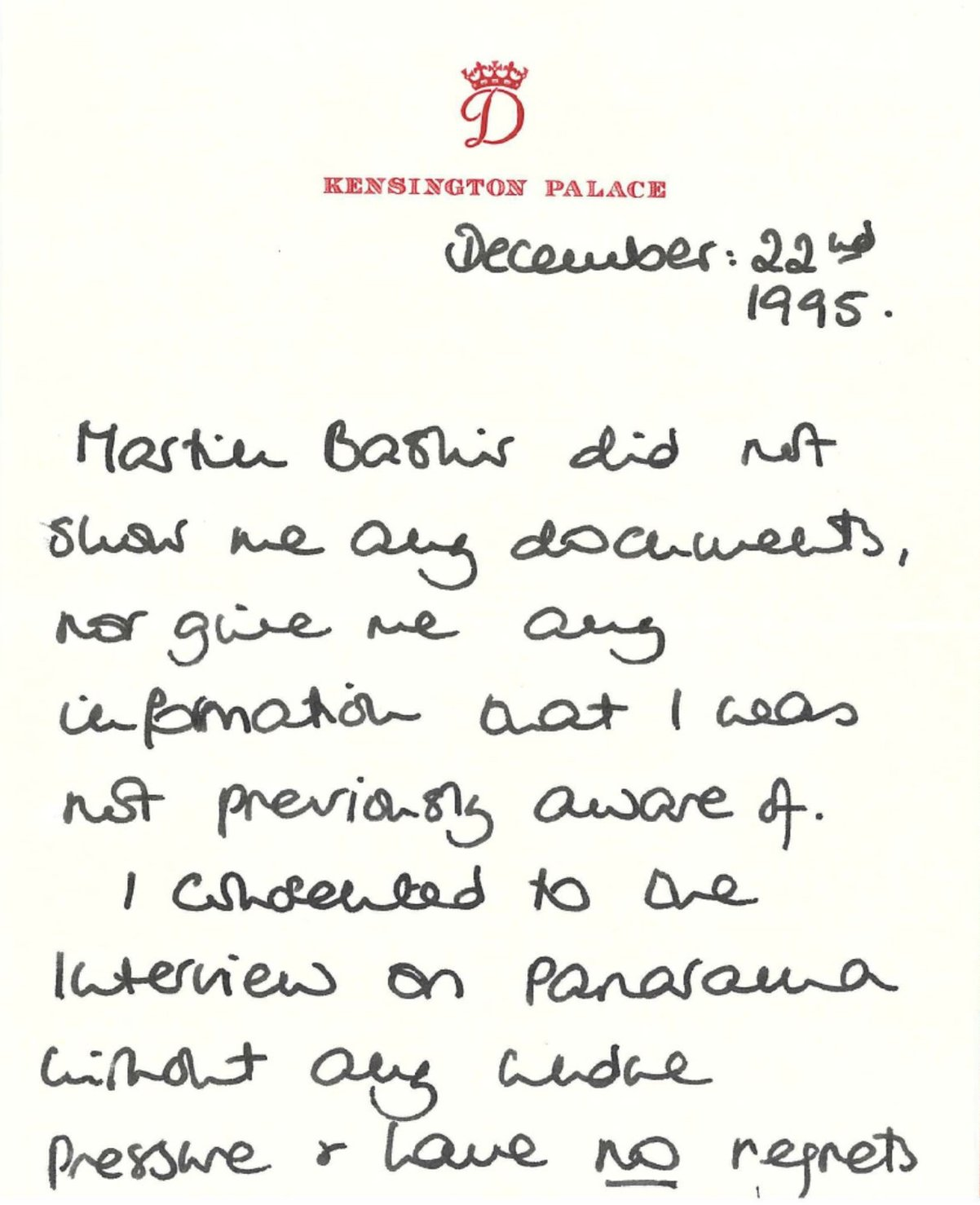 戴安娜王妃寄送巴希尔的便条，日期为1995年12月22日