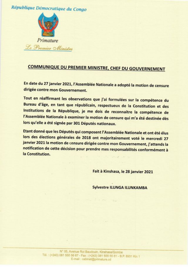 Communiqué du Premier ministre, Sylvestre Ilunga Ilukamba, après le vote de défiance.