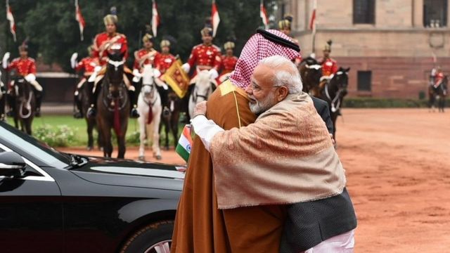 Prime Minister Narendra Modi hugging the Crown Prince of Saudi Arabia, Muhammad bin Salman