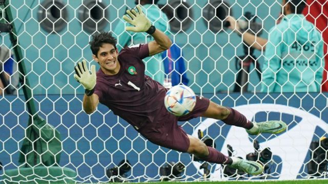 Yassine Bounou saves the third penalty during the FIFA World Cup Qatar 2022 round of 16 match between Morocco and Spain.