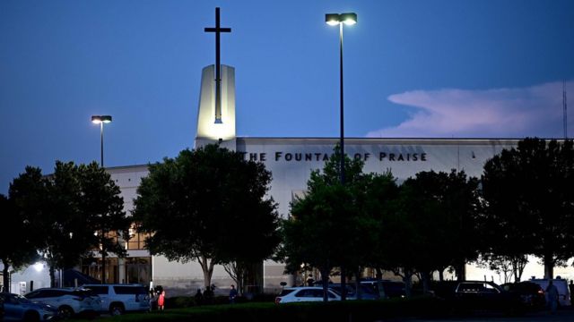 Media set up in front of the Fountain of Praise church where services will be held for George Floyd on 8 June in Houston, Texas