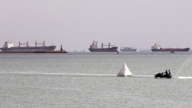 Ships anchored outside the Suez Canal at Ain Shokhna, Egypt (26 March 2021)