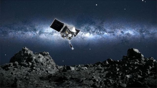 虛擬圖：歐塞瑞斯飛行器接觸貝努小行星表面。
