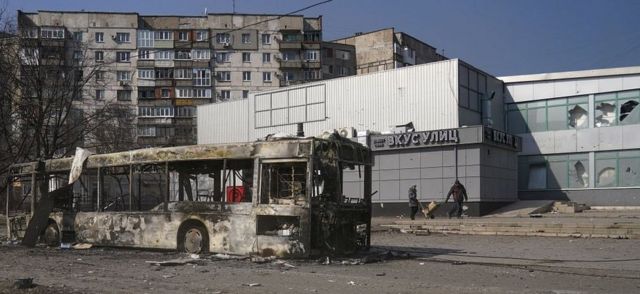 Wrecked bus in Mariupol, 24 Mar 22
