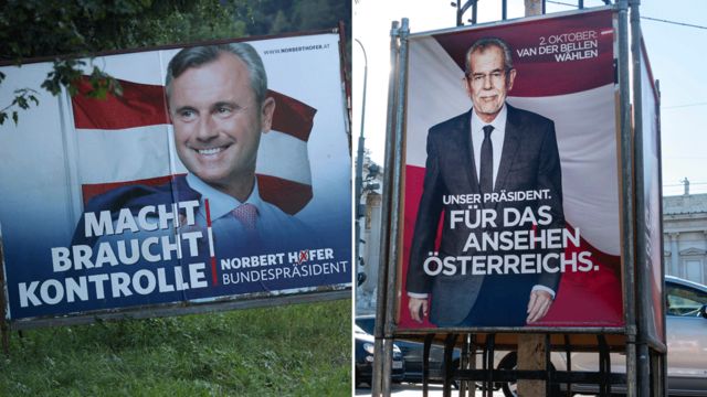O slogan do candidato da extrema-direita, Norbert Hofer (esq.), diz: "o poder precisa de controle"; já Alexander Van der Bellen (dir.) oferta lutar "pela reputação da Áustria"